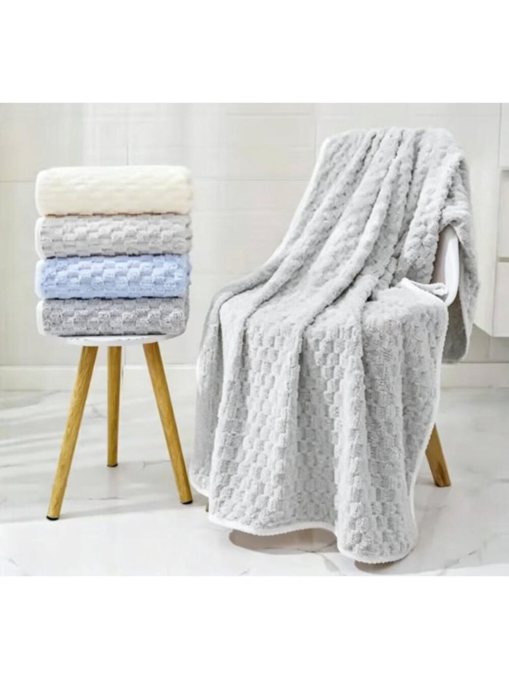 2PC Gray 27.56" × 55.12" Soft Coral Fleece Bath Towel Large Shower Wrap Towel